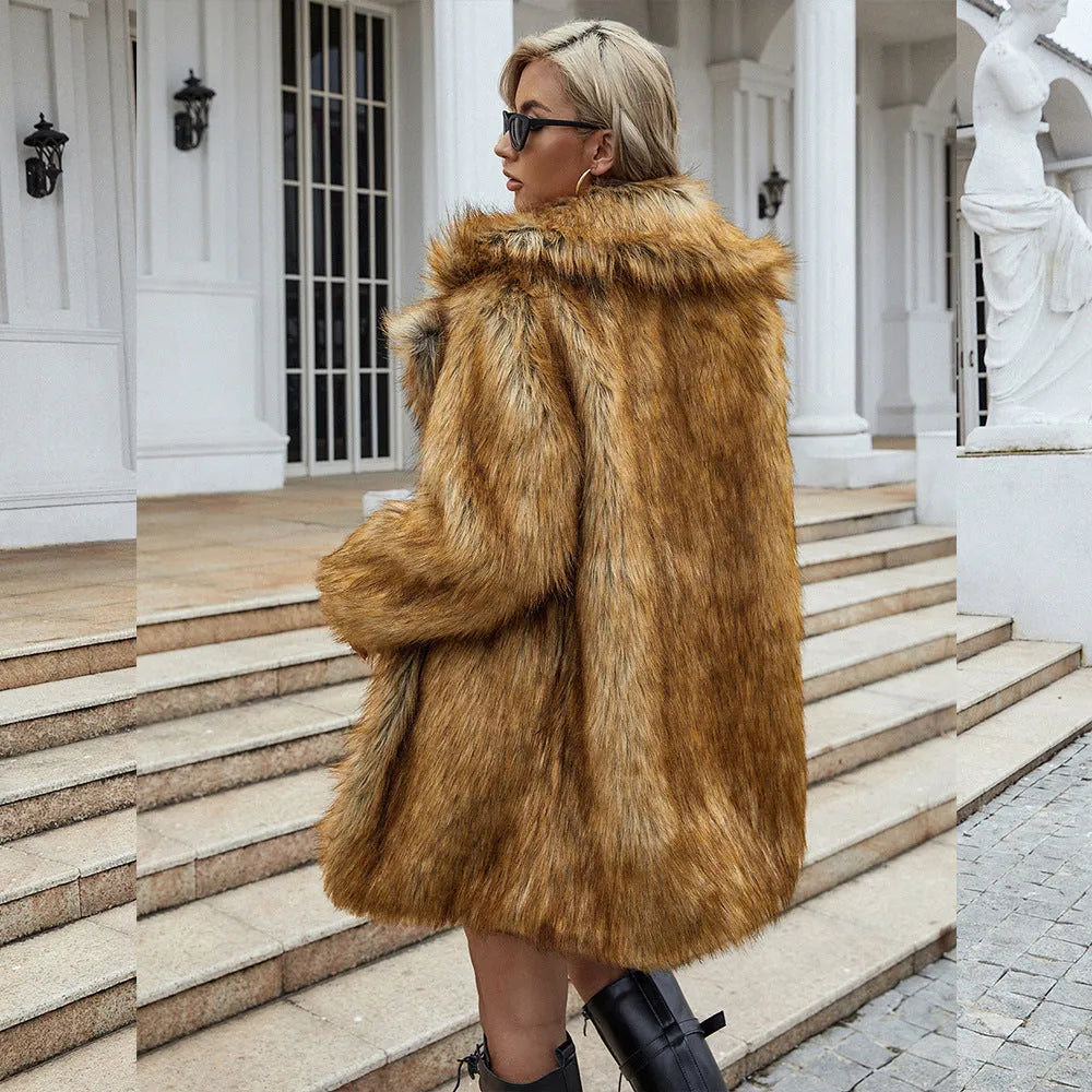 Women's yellow artificial fur coat with 80cm length and loose casual fit