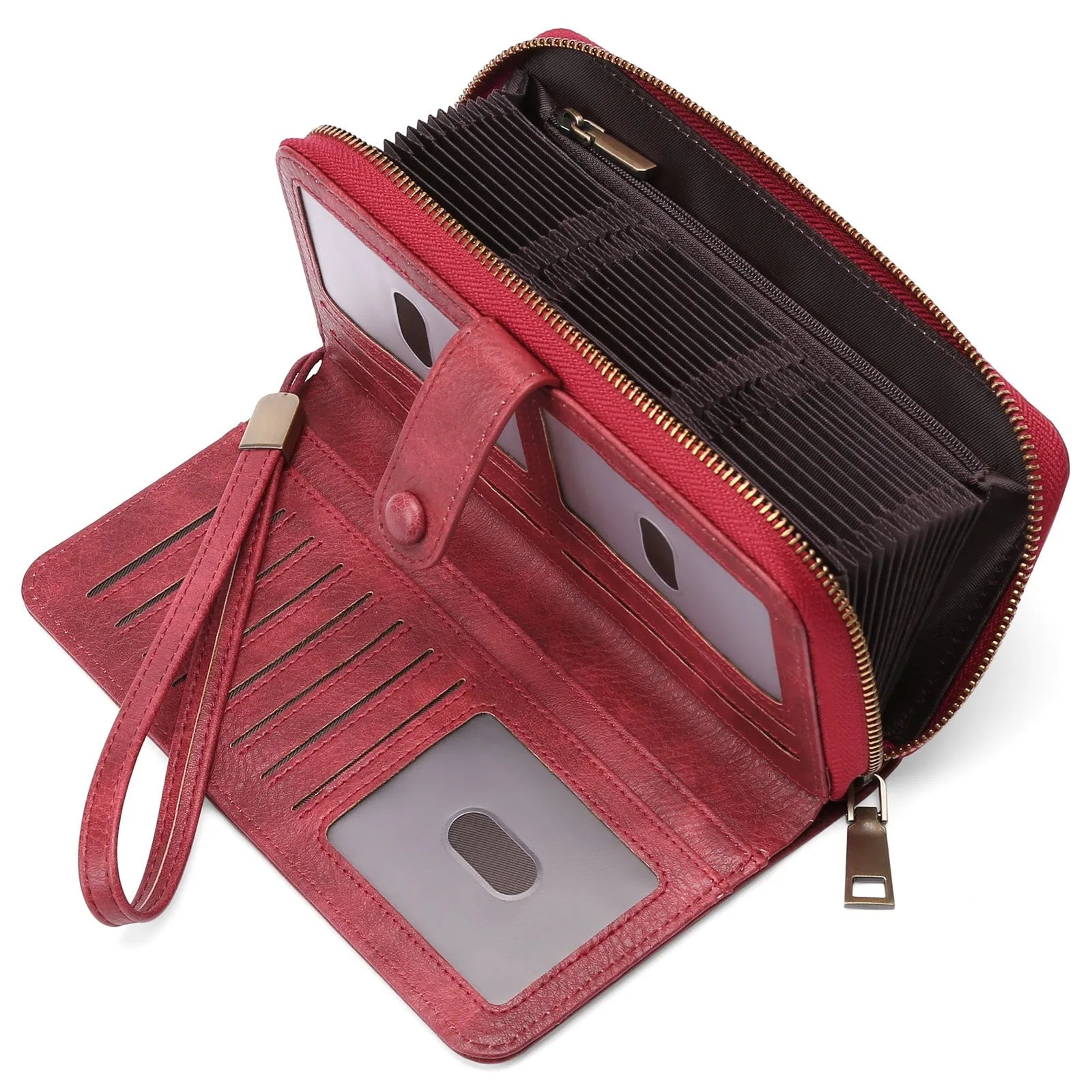 Women's expanding long wallet in denim blue showing card slots and passport pocket with anti-theft swiping feature