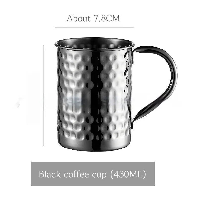 Copper plated stainless steel Moscow Mule mug in hammered and smooth styles, shown in silver, gold, rose gold, and black.