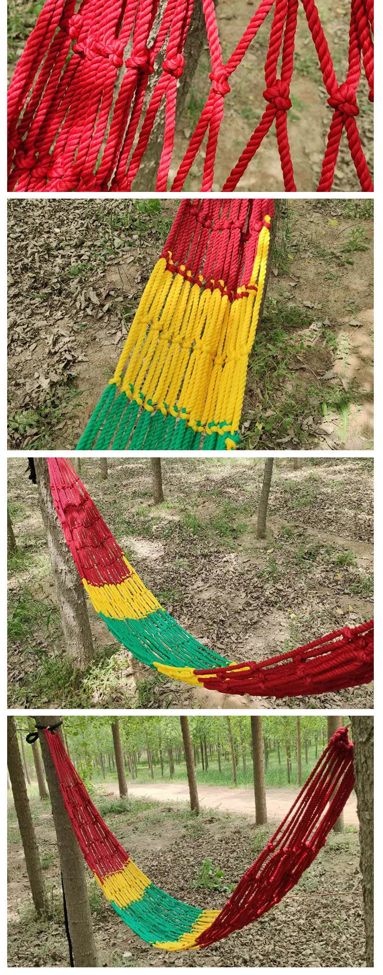 Nylon rope mesh hammock hung between trees showing open weave pattern and included tying ropes
