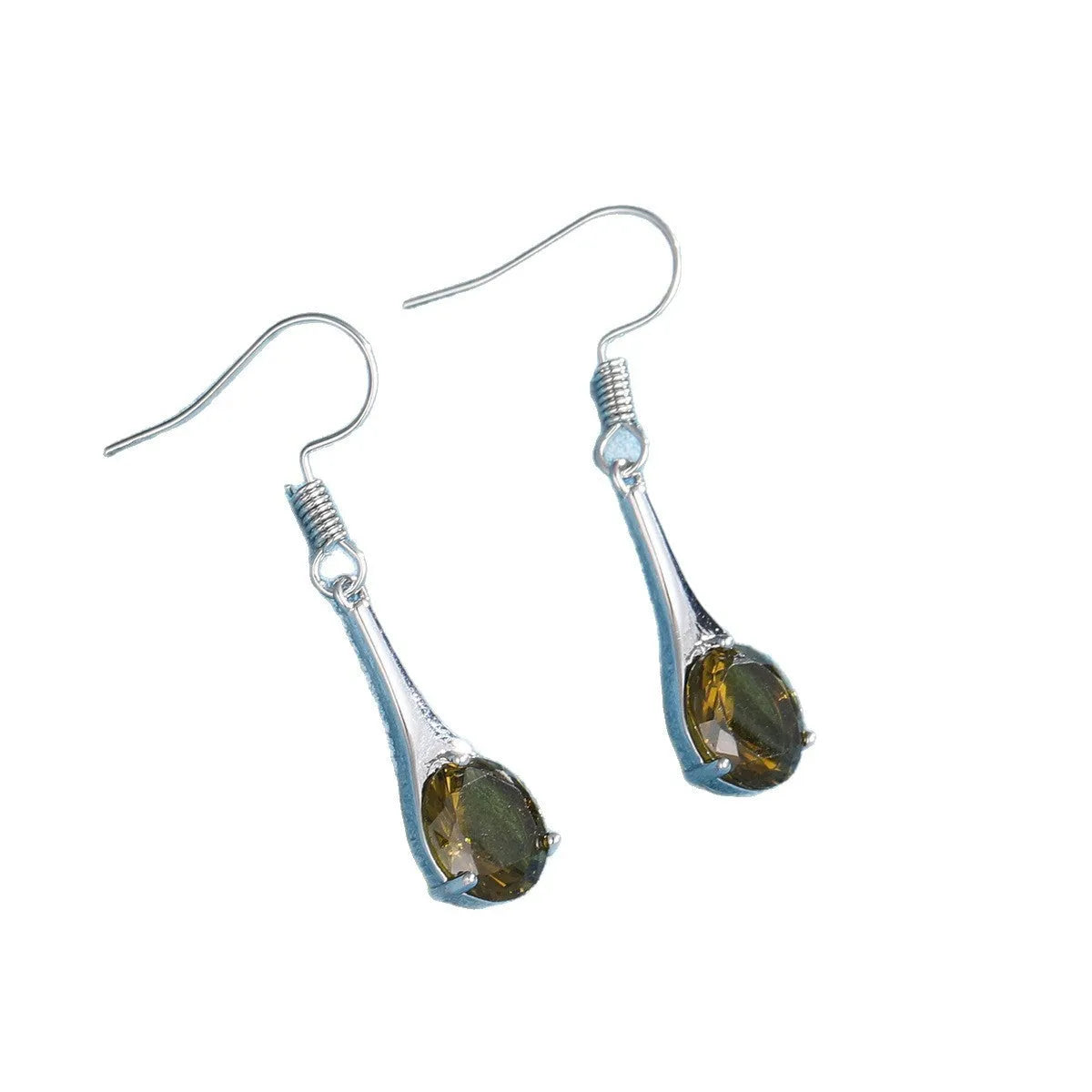 Olive green topaz earrings with water drop shape, electroplated alloy construction