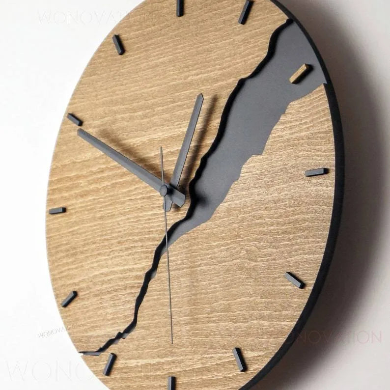 Modern wooden wall clock with cracked texture and silent movement in brown and grey colour options
