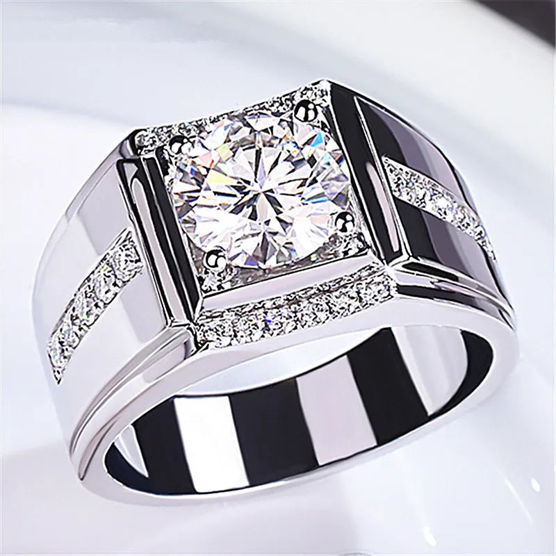 Men's adjustable diamond zircon ring in geometric design with electroplated metallic finish