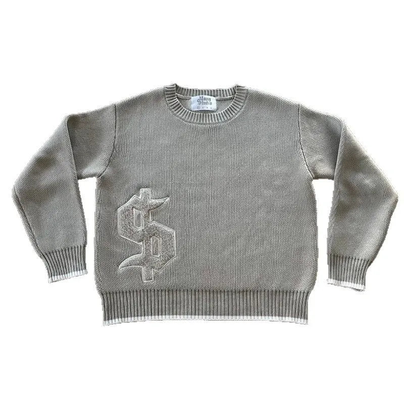 Grey loose-fitting knitwear coat with long sleeves and textured Jacquard weave pattern