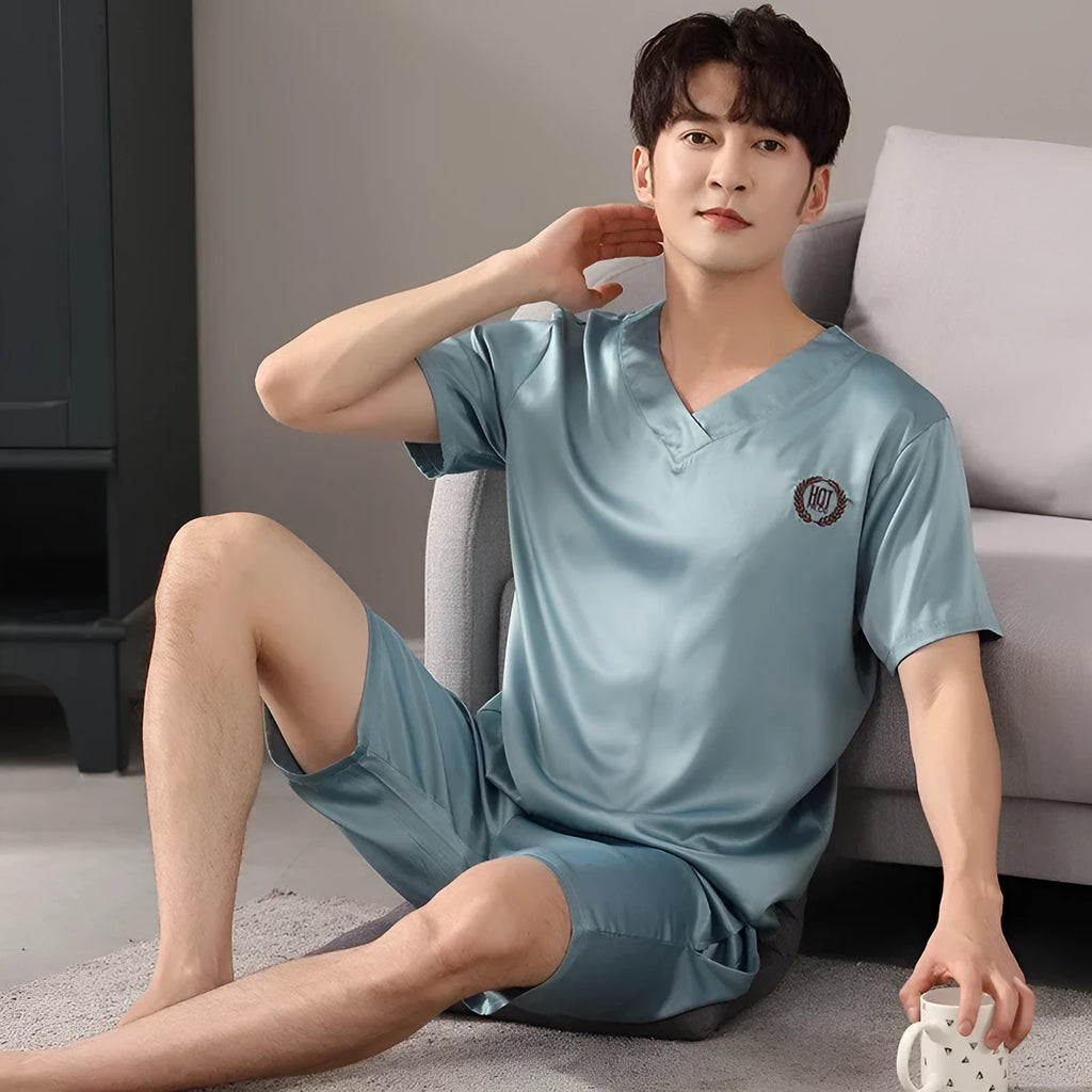 Men's ice silk loose-fit pajama set with short sleeve shirt and matching shorts in cooling fabric