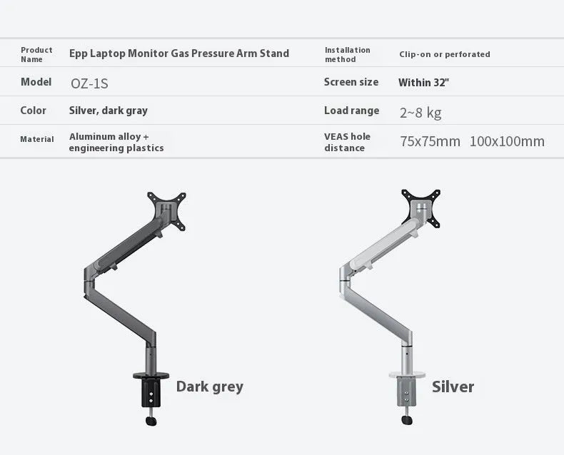 Aluminium alloy laptop stand with adjustable air pressure arm bracket in black and silver colours