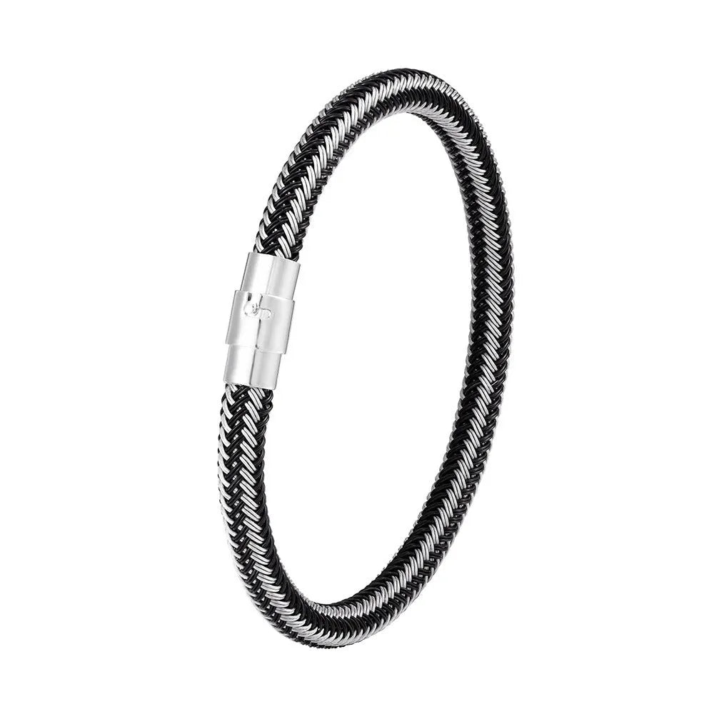 Titanium steel geometric wire bracelet with magnetic clasp shown in silver tone
