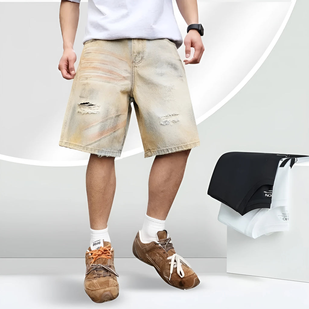 Light blue men's denim shorts with ripped detailing and a straight-leg cut