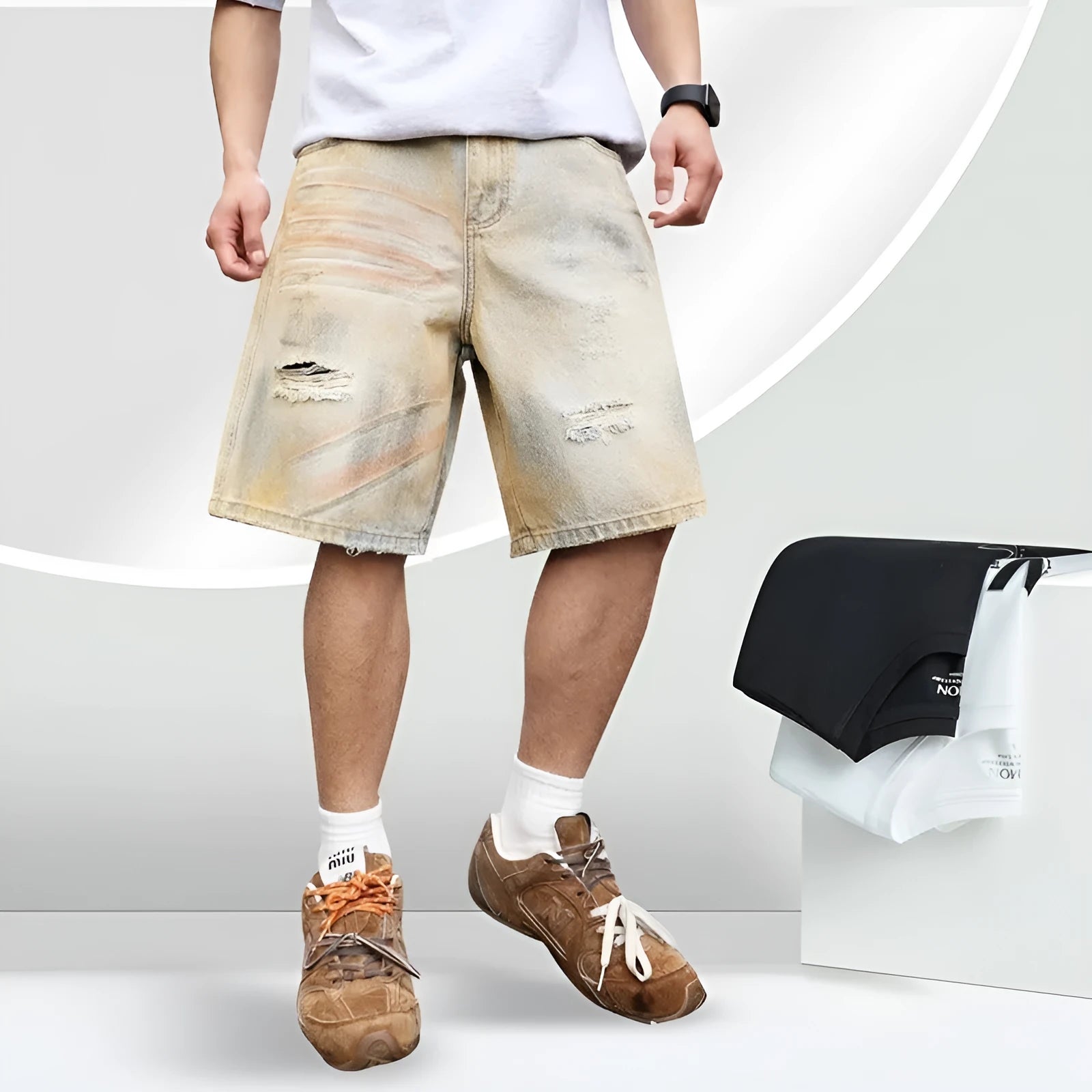 Light blue men's denim shorts with ripped detailing and a straight-leg cut