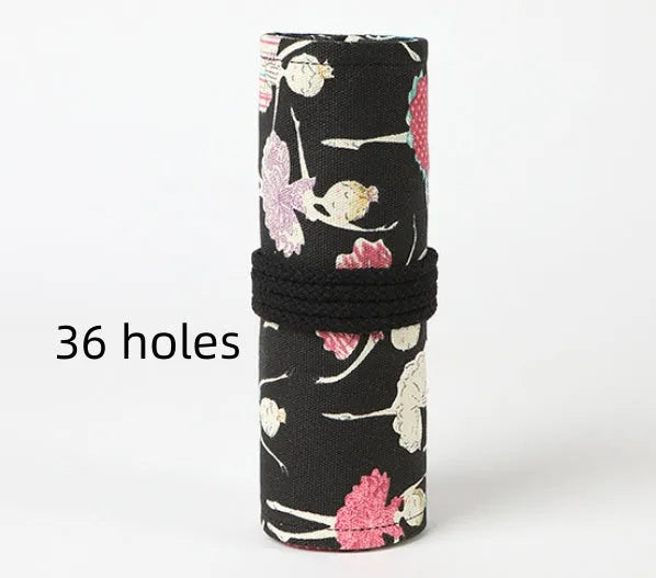 Ballet girl printed canvas roll-up pencil case unrolled to show multiple coloured pencils in slots