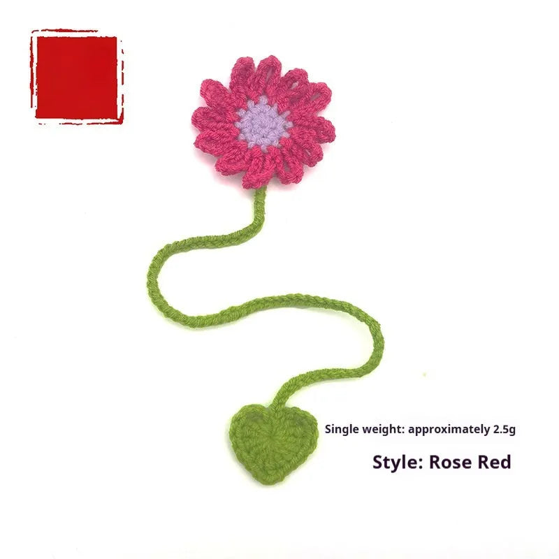 Hand-crocheted wool bookmark with daisy motifs on flexible wire in multiple colour options
