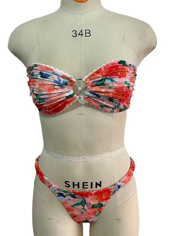 Women's floral print tube top bikini set with lace trim in blue colour