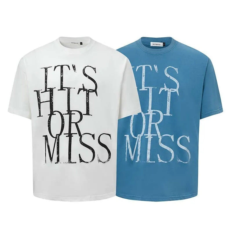 Man wearing a blue American retro style t-shirt with white letter printing, loose fit round neck.