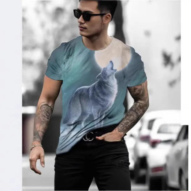 Retro 3D animal print on a men's short-sleeved light blue polyester t-shirt laid flat.