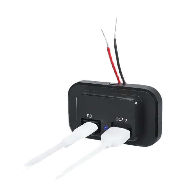 Black car charger with USB Type-C port supporting QC3.0 and PD3.0 fast charging at 36W output