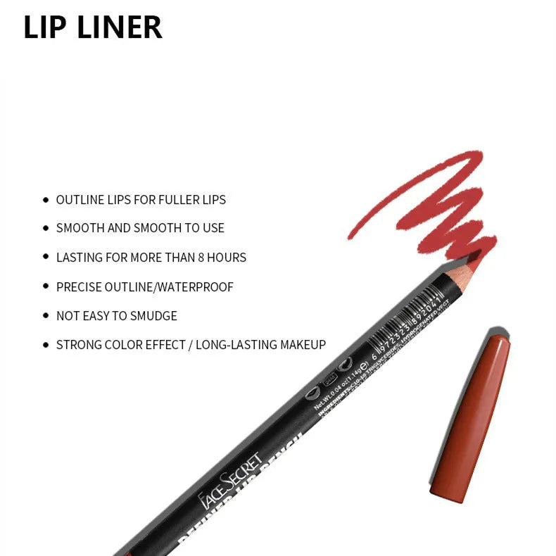 Matte lip liner pencil in a wooden tone shade from a set of 14 colours, shown on a hand.