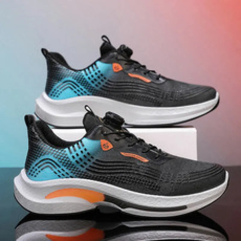 Men's white and blue low-top mesh sneakers with a rotating buckle closure and rubber sole.
