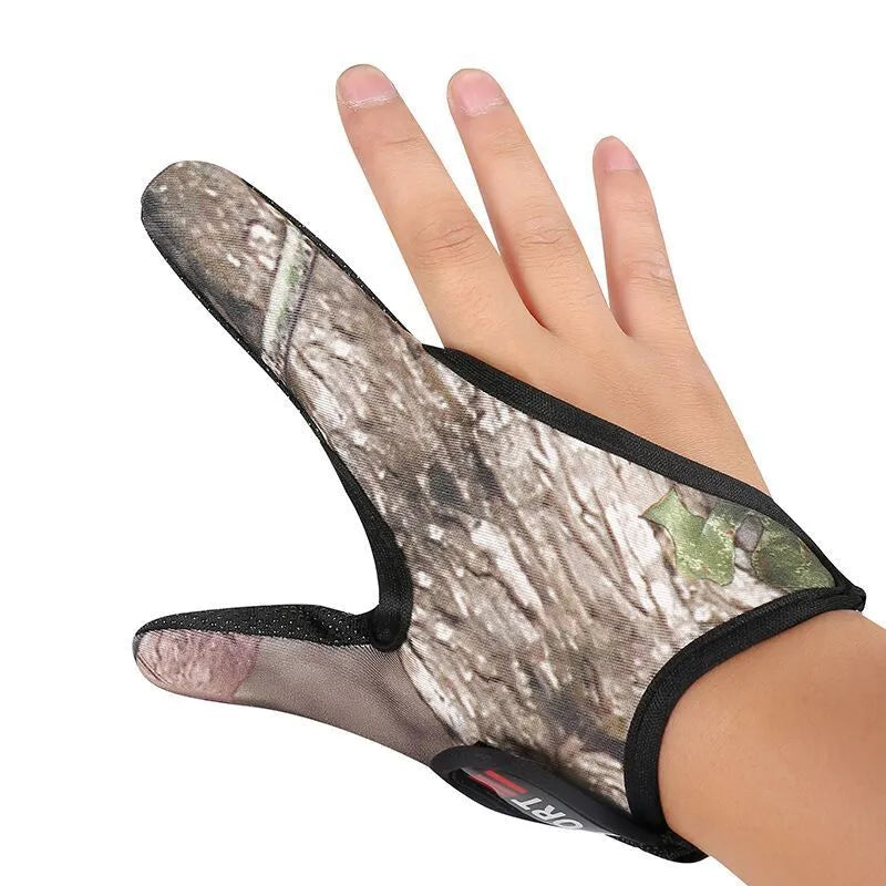 A single two-finger fishing glove showing the diving cloth back and microfiber palm, on a blue background.