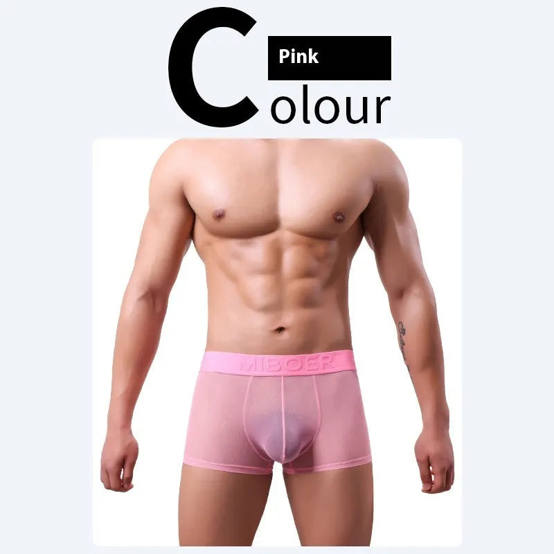 Men's thin polyester boxer shorts in six solid colours on a white background.
