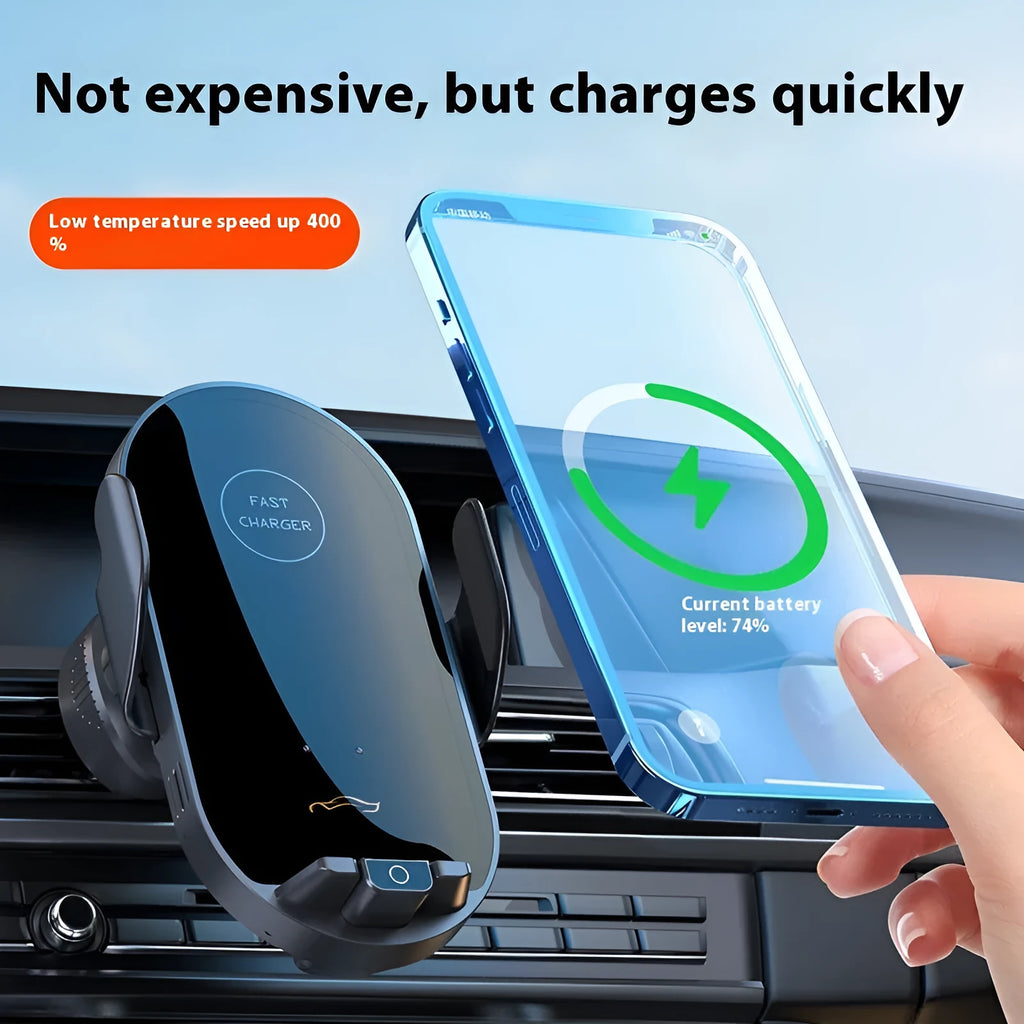66W fast charging wireless car phone holder with electroplated finish, black, mounted on air vent with hook