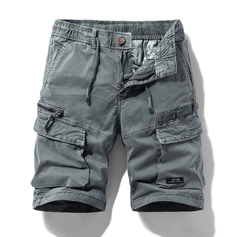 Men's cotton shorts with zipper and multiple pockets in army green, Korean fifth pants style