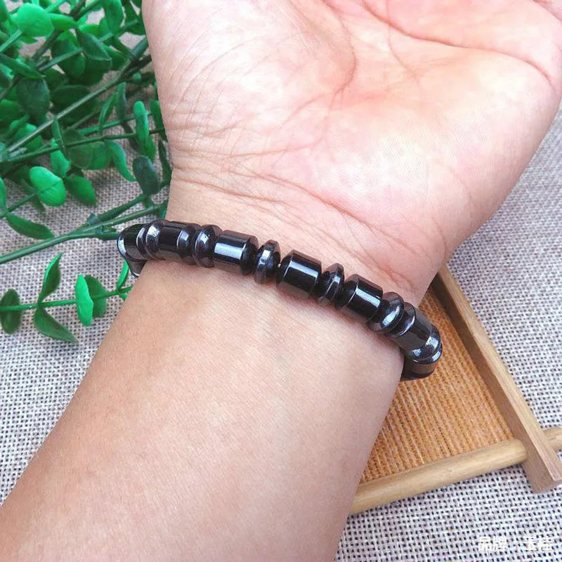 Black pentagram pattern magnetic therapy bracelet with stretch band and stone beads