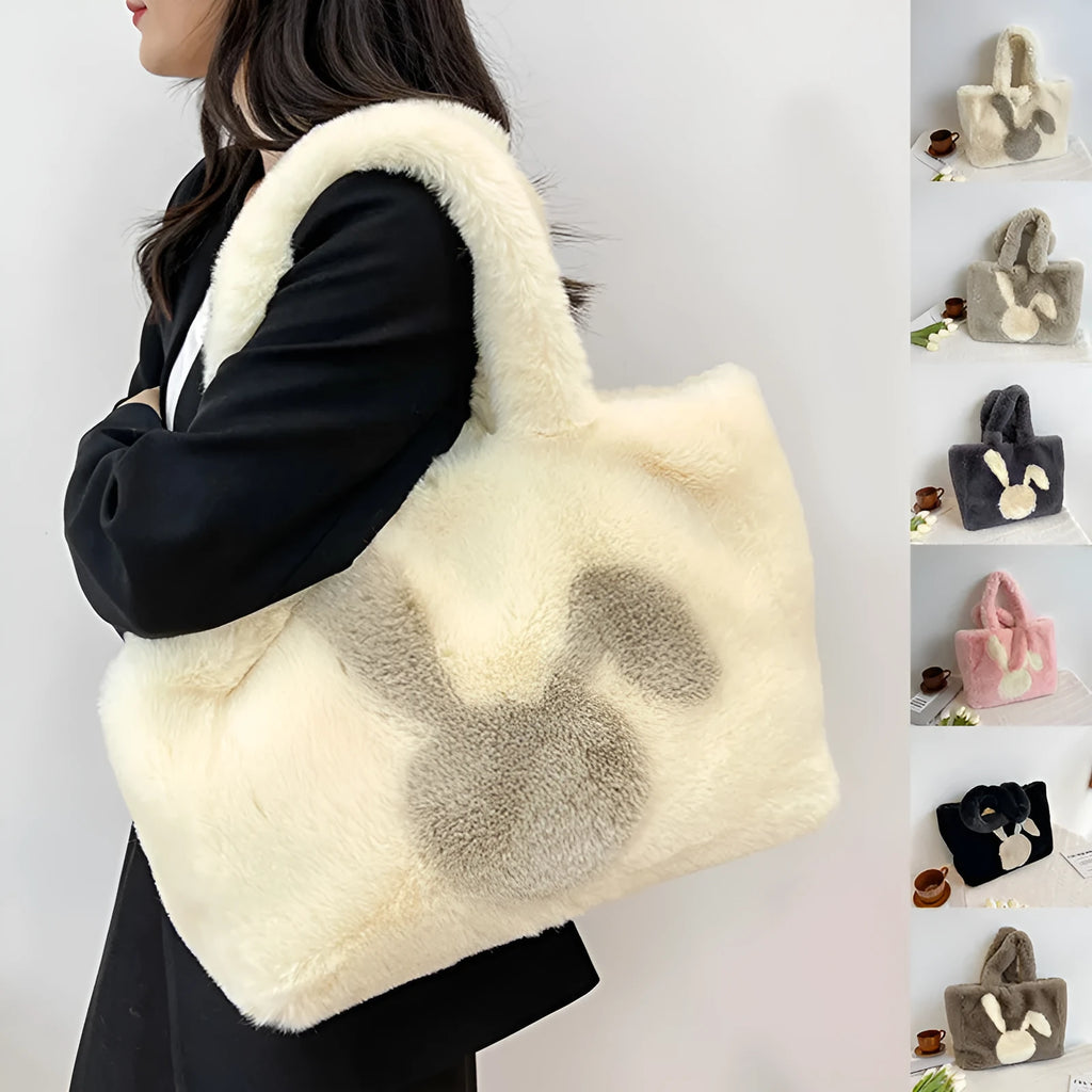 Cartoon rabbit ears plush shoulder bag in large tote style