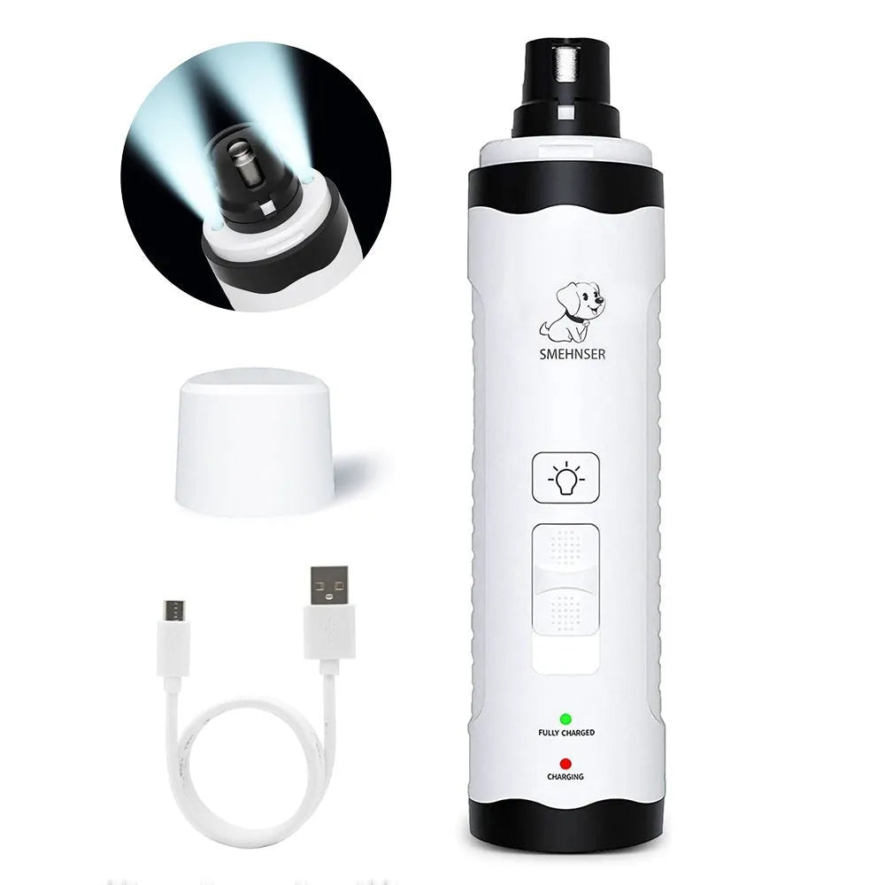 Automatic electric dog nail trimmer with LCD screen, LED lights, and dust collection chamber.