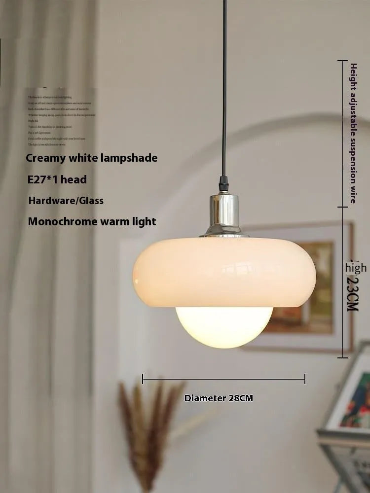 Bauhaus three-headed glass egg tart pendant light in retro style, shown in milk white.