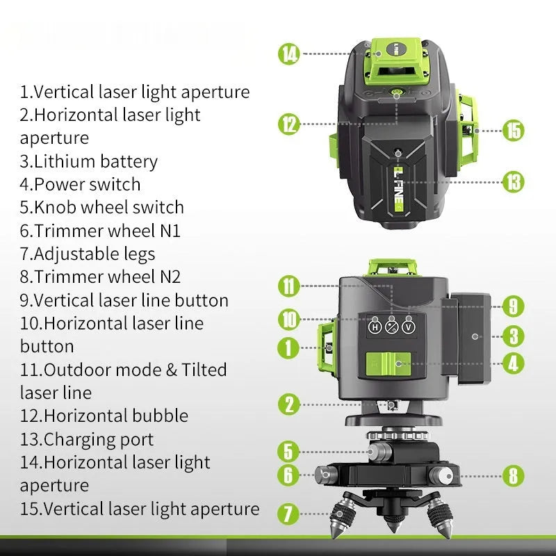 16-line 3D green laser level with aluminium and nylon construction measuring 11×13.5×13.5cm