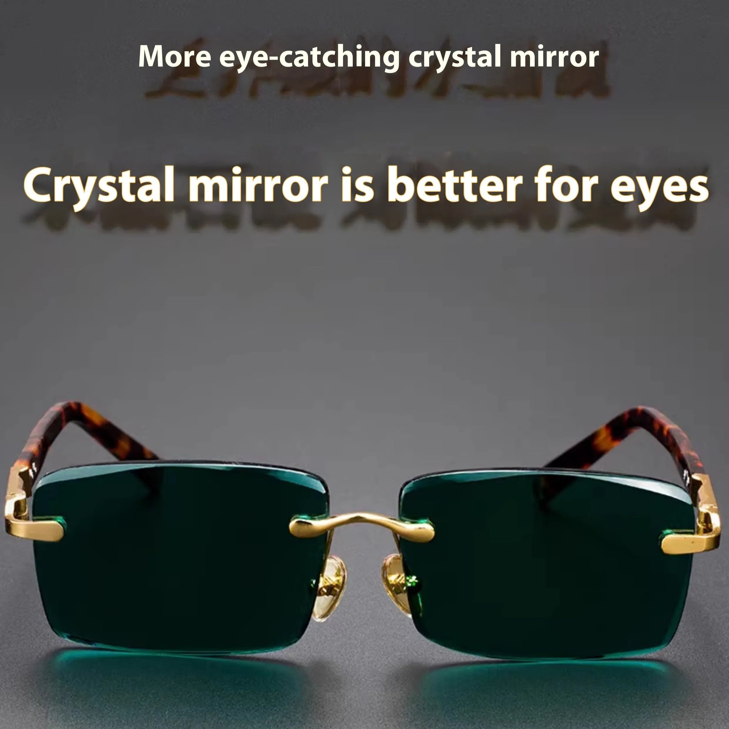Dark green frameless crystal sunglasses with a glasses case and lens cloth.