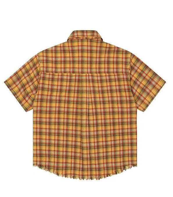 Yellow plaid short sleeve shirt with embroidery pocket detail on front