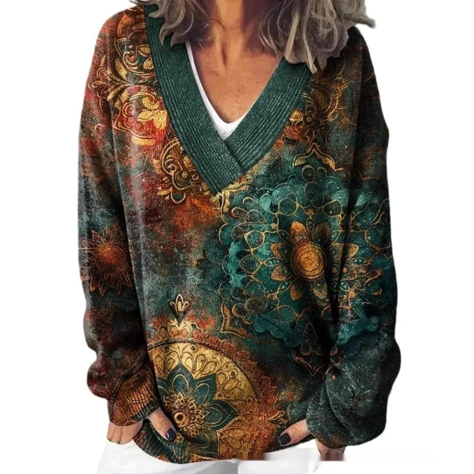 Women's long sleeve V-neck sweatshirt with a printed 3D floral pattern in retro style.