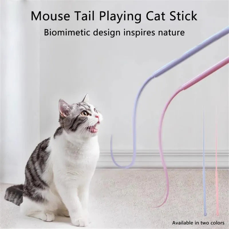 Blue simulated mouse tail cat toy stick with silicone tail and cat head handle design