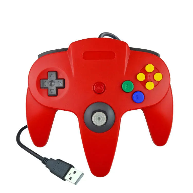 Blue USB N64 game controller for PC computers on a grey background.