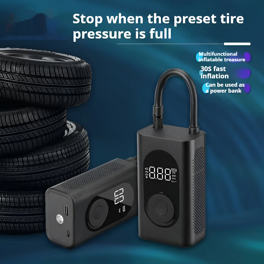 Mini wireless handheld air pump with power bank and flashlight for car and bike tyre inflation