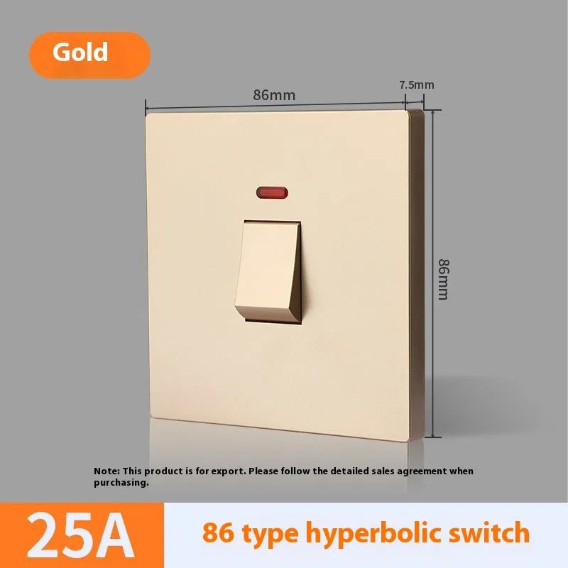 Curved rack electrical switch panel for 25A and 45A three-phase applications in gold, grey, or white