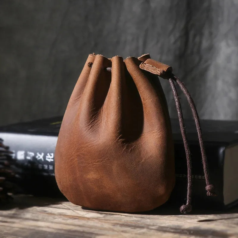 Vintage cowhide drawstring bundle wallet in genuine leather with sewing thread detail