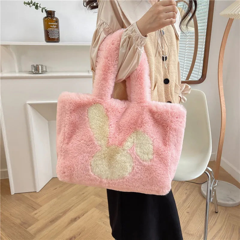 Cartoon rabbit ears plush shoulder bag in large tote style