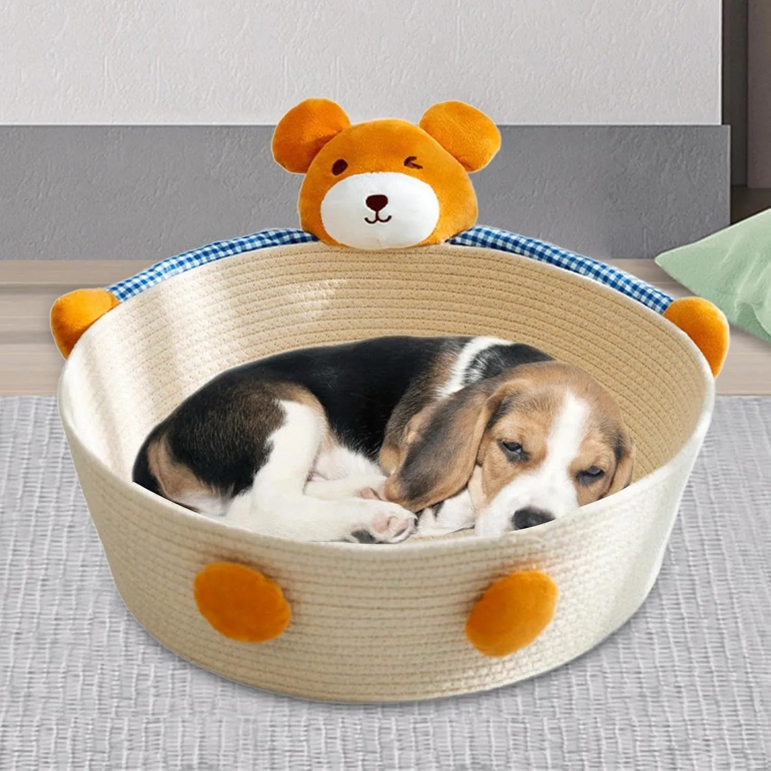 Woven cotton rope cat bed and scratching pad in bear design, showing basket shape.