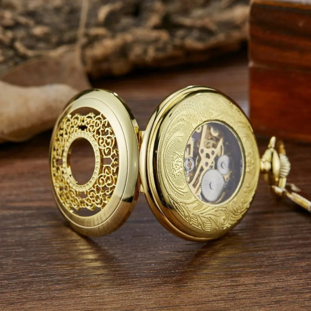 Retro floral print automatic mechanical pocket watch with transparent case back on alloy strap.
