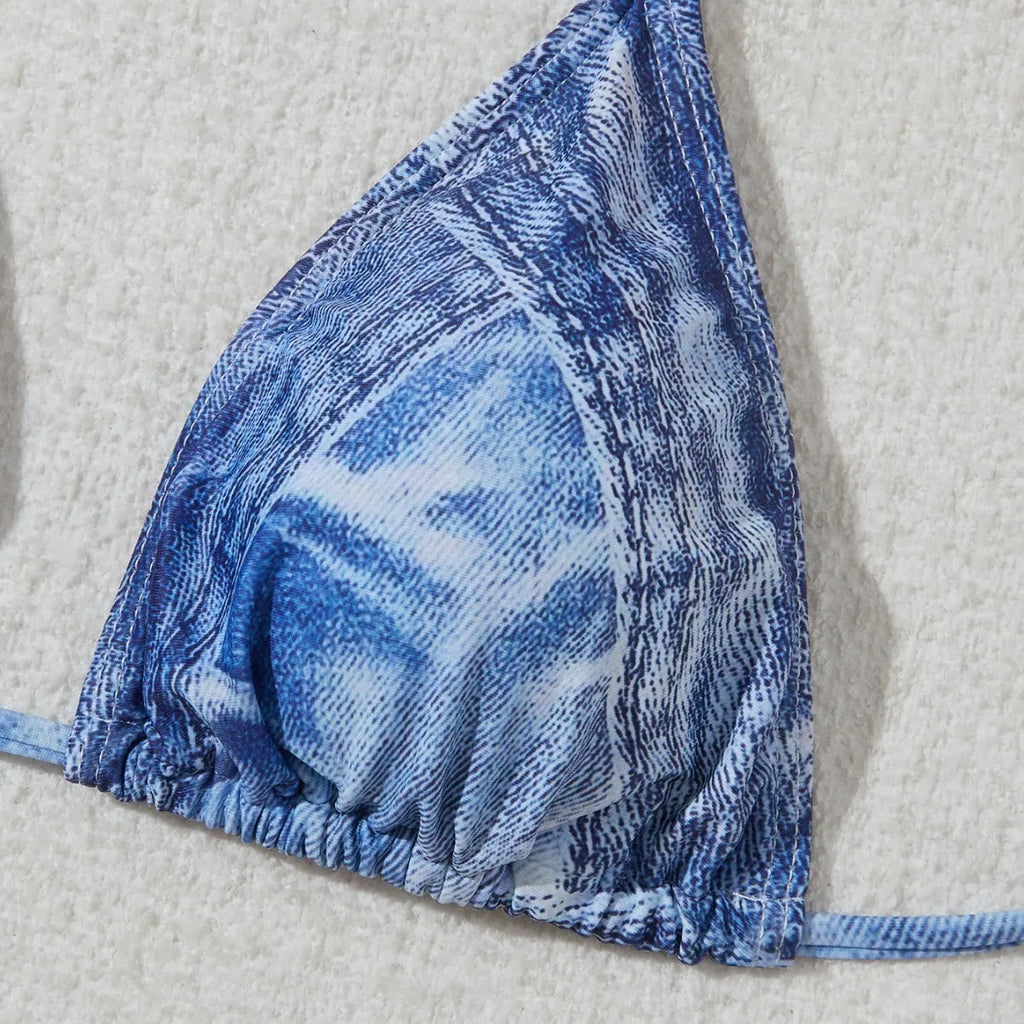 Women's denim blue printed bikini swimsuit with sexy strap design