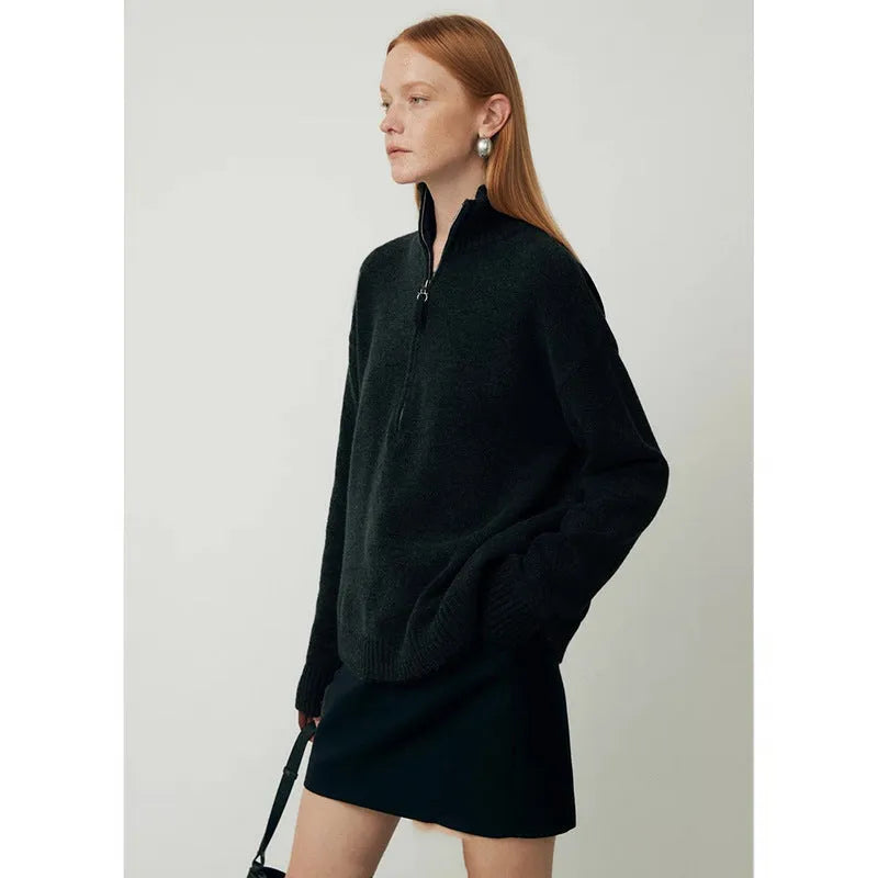Loose fit black wool bandage dress with long sleeves for winter.