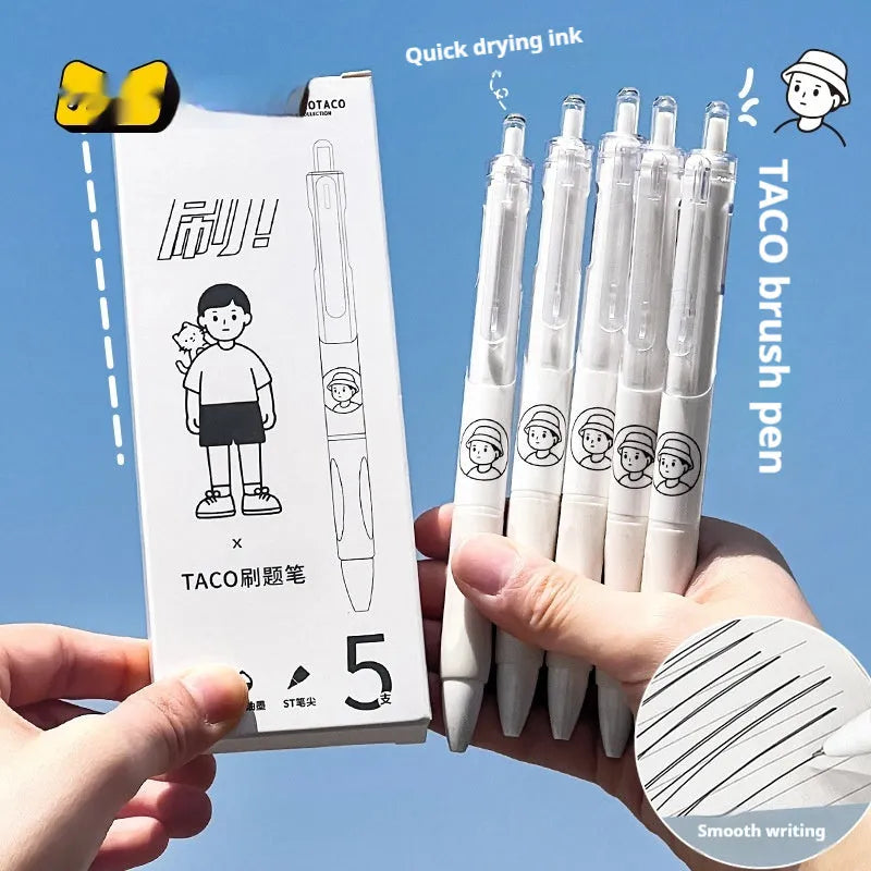 Five Taco brand neutral black plastic ballpoint pens with 0.5mm quick-drying black refills