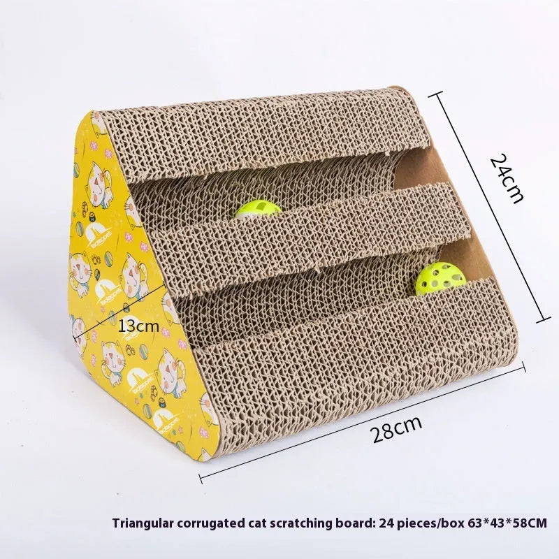 Wall-mounted cat scratch board in decorative shape made from corrugated paper with leather hanging tab