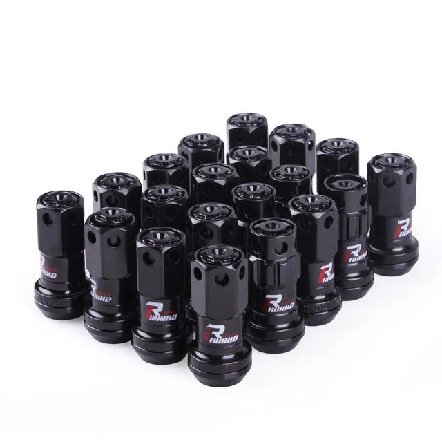 Set of aluminium alloy flat head wheel nuts in various colour combinations including black gold and blue.