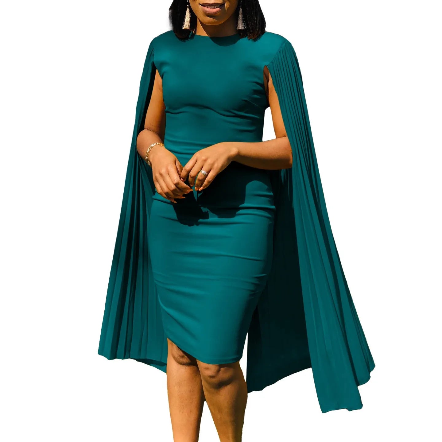 Women's long sleeve yellow evening gown with high waist and attached pleated shawl detail