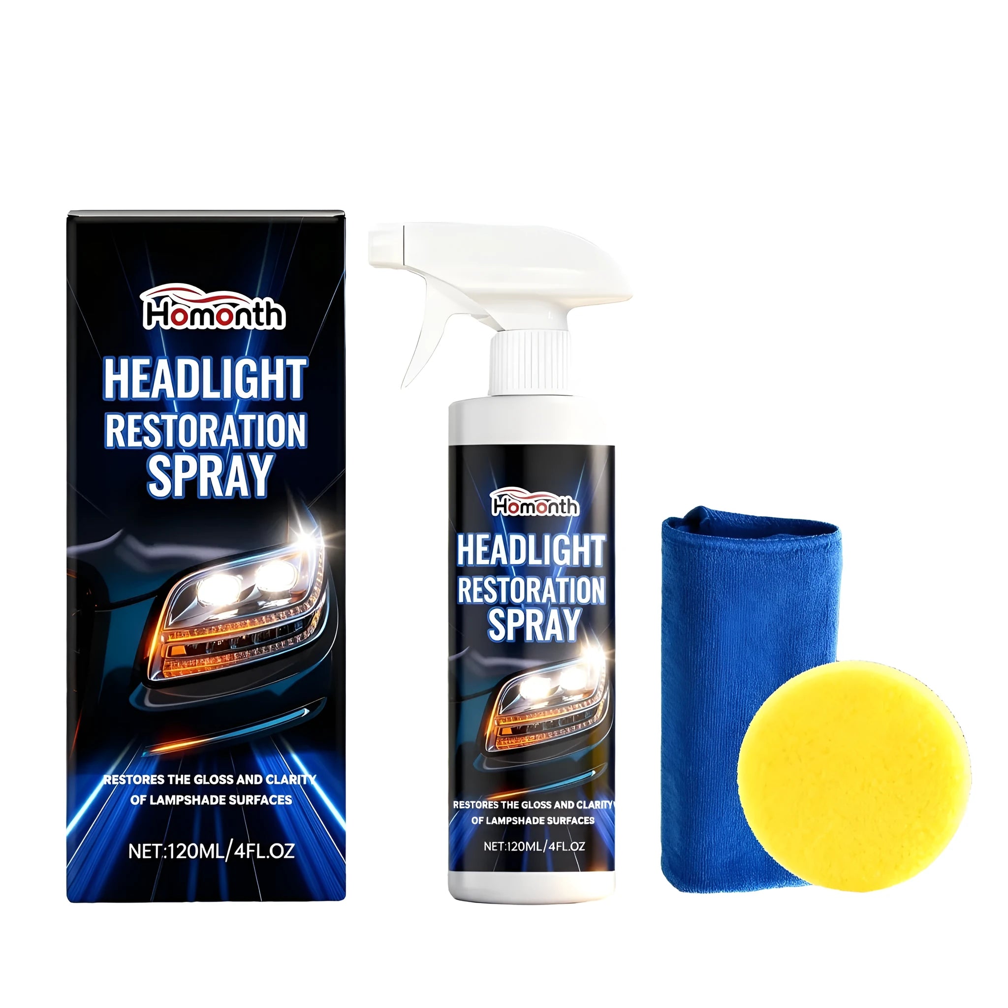 HOMONTH 120ml headlight restoration spray bottle with sponge and towel for car lens cleaning