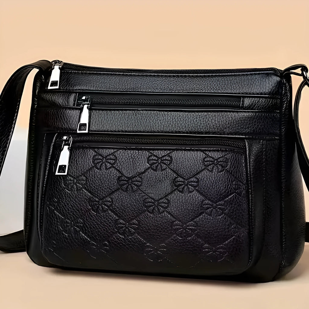 Black PU women's crossbody messenger bag with horizontal square shape and mobile phone compartment