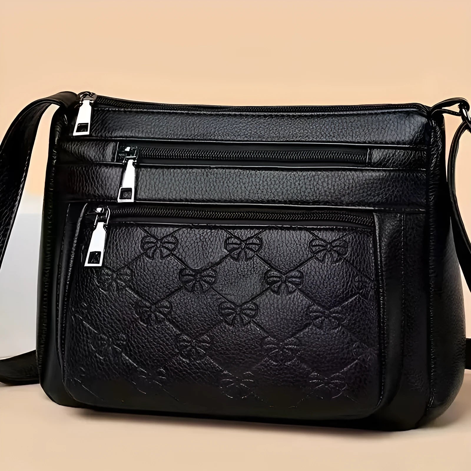 Black PU women's crossbody messenger bag with horizontal square shape and mobile phone compartment